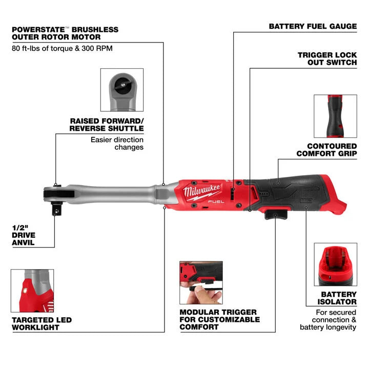 Milwaukee M12 FUEL 1/2 Inch Extended Reach Ratchet (Bare Tool)