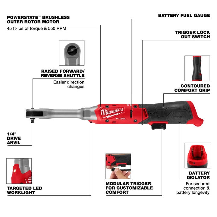 Milwaukee M12 FUEL 1/4 Inch Extended Reach Ratchet (Bare Tool)