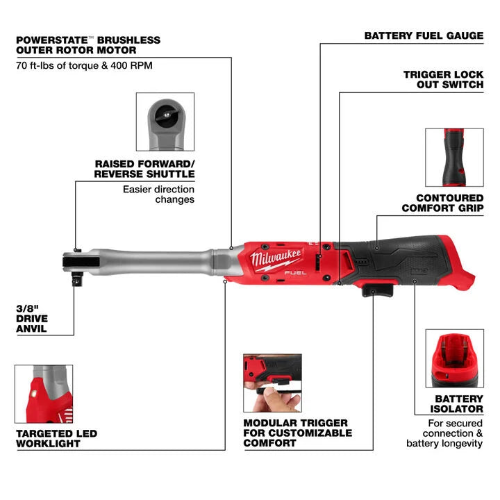 Milwaukee M12 FUEL 3/8 Inch Extended Reach Ratchet (Bare Tool)