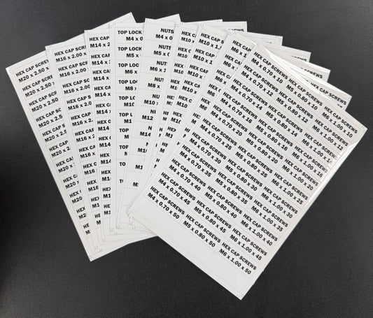 Adhesive Bin Labels Metric Hex Bolts Nuts & Washer White (9 Pages) M4 to M20