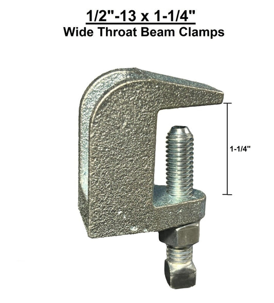 1/2"-13 Threaded Rod Zinc Plated Universal Top Wide 1-1/4" Throat Beam Clamp