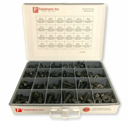 420 Pieces Grade 8 Flange / Frame Bolt & Lock Nut Assortment Kit Black Phos/Oil