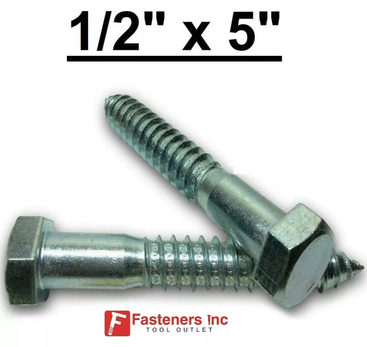 (Choose Qty) 1/2" x 5" Zinc Plated Hex Head Lag Bolt Screws A307