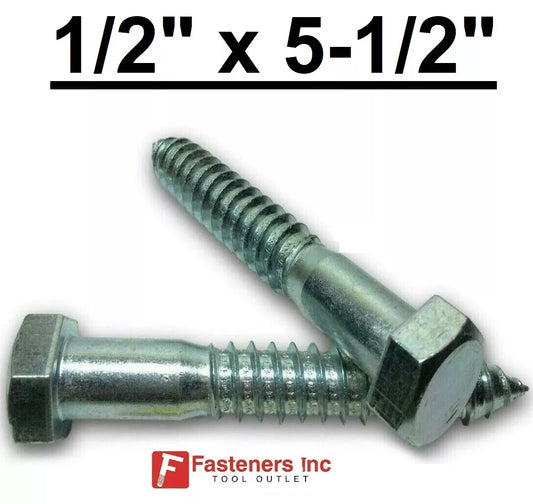 (Choose Qty) 1/2" x 5-1/2" Zinc Plated Hex Head Lag Bolt Screws A307