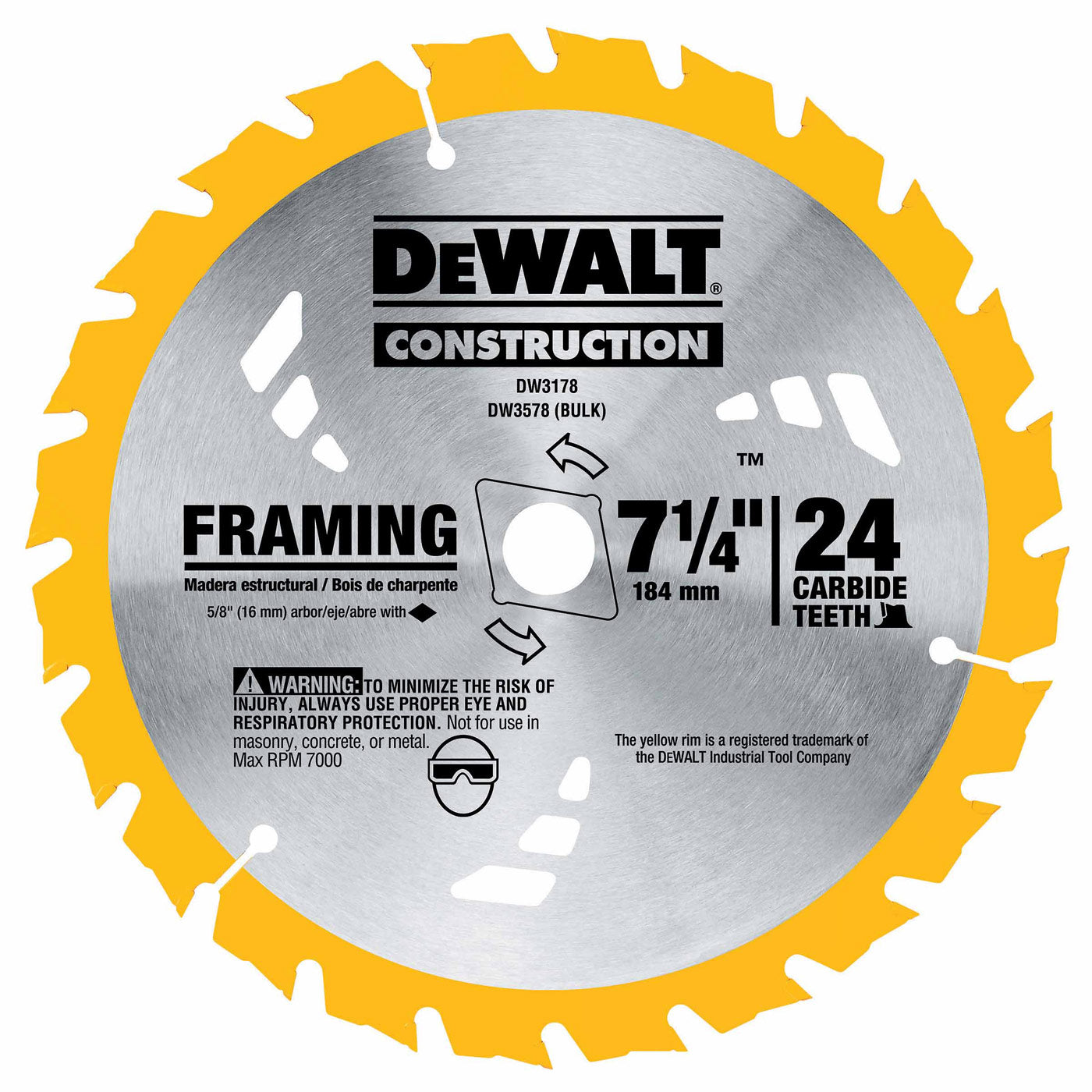 DeWalt DW3578B10 7-1/4" 24T Thin Kerf Construction Framing Blade