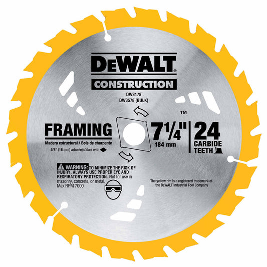 DeWalt DW3578B10 7-1/4" 24T Thin Kerf Construction Framing Blade
