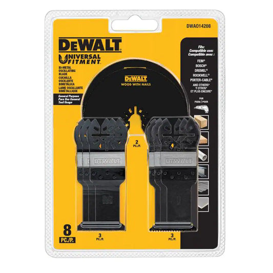 DEWALT, DWAO14208, Oscillating Blade Set, 8 Pc., Steel, General Purpose, Wood/Metal/Plastic